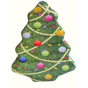 Christmas Tree Shaped Decorative Tin Box With Colorful Ornament Design & Garland